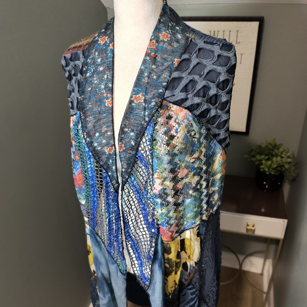 Soft Surroundings Sleeveless Open Front Cardigan Patchwork  boho S/M - Picture 2 of 10